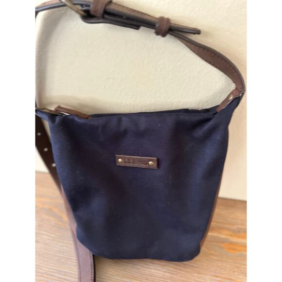LL Bean Canvas Crossbody Bag Small Blue Brown Canvas Leather Travel Hiking - Picture 3 of 8
